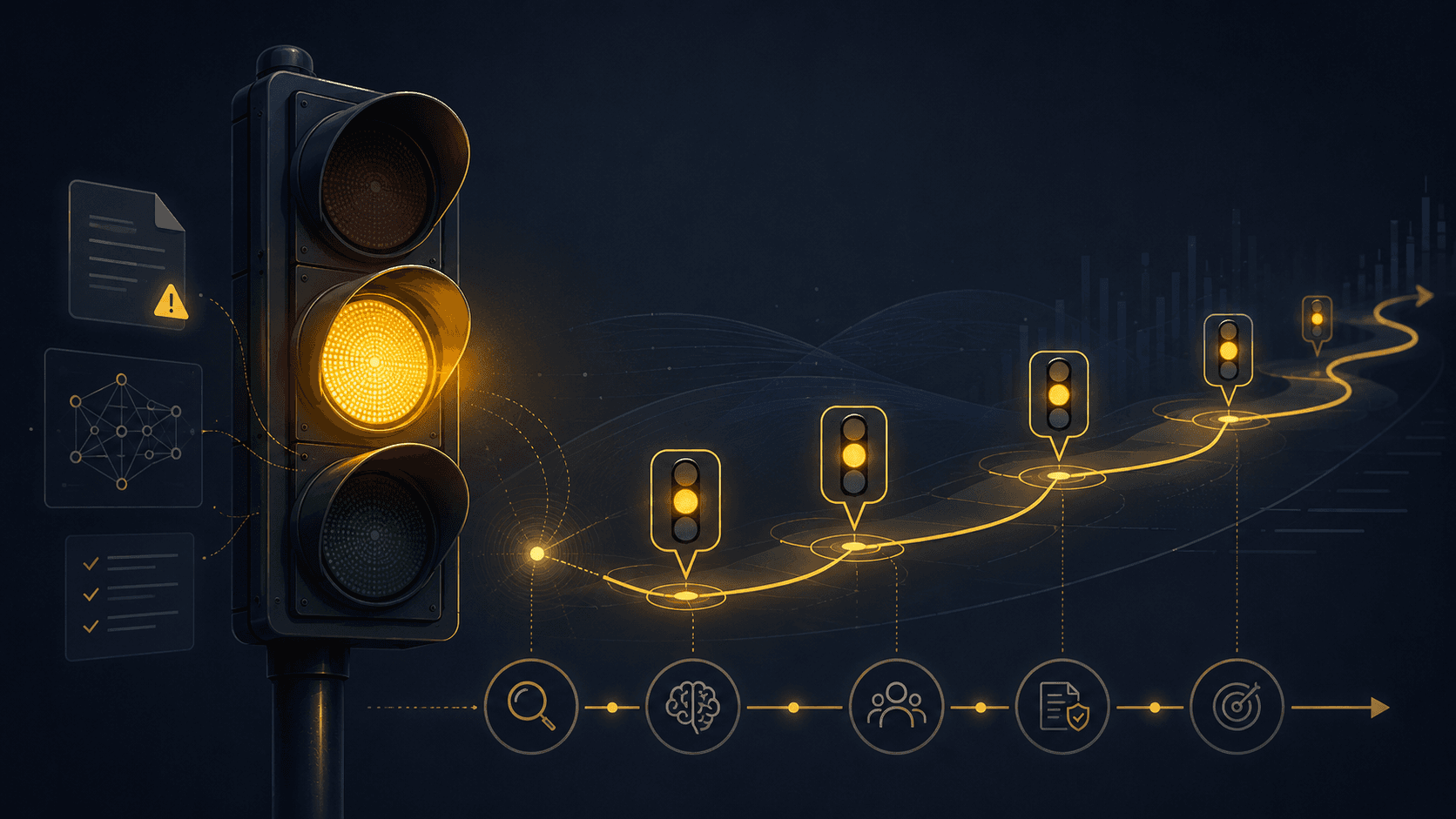 ASI-Veritas Yellow Light Gate illustration showing a decision pathway with repeated yellow-light checkpoints over time.